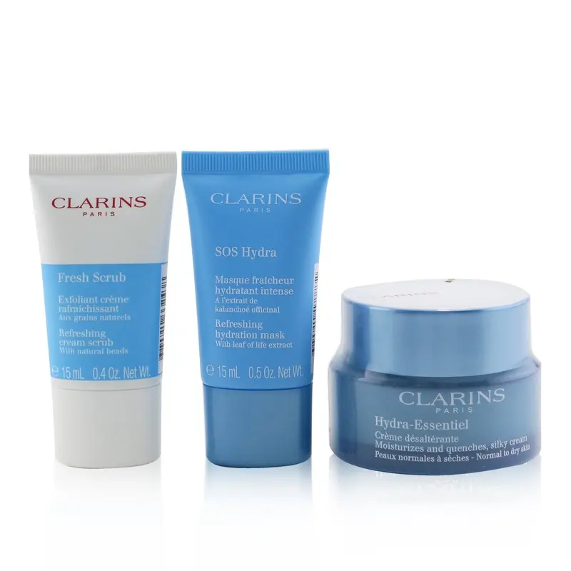 Clarins My Hydration Essentials Gift Set: Hydra-Essentiel Silky Cream 50ml+ Fresh Scrub 15ml+ SOS Hydra Mask 15ml  3pcs